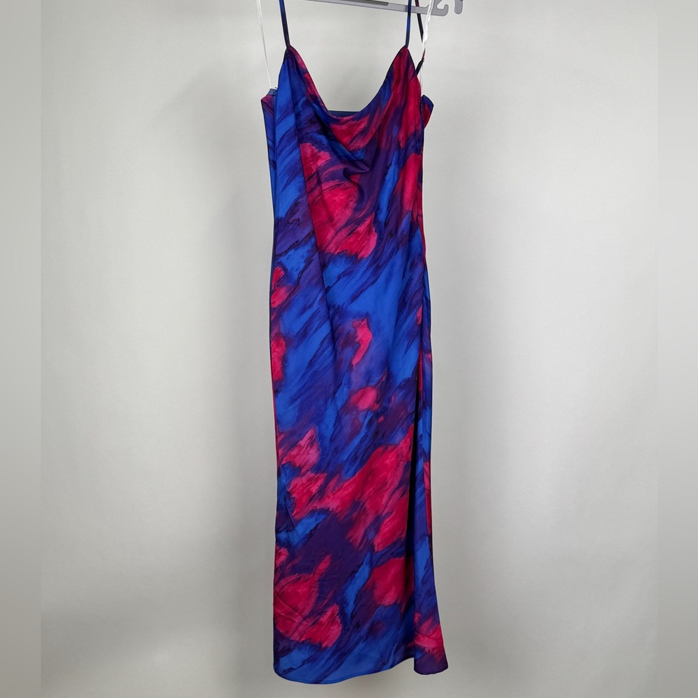 MAJORELLE Blue & Fuchsia Satin Cowl Neck Maxi Dress
